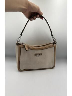 Y2K GUESS Mini Shoulder Bag Neutral Canvas Tan Trim Chic